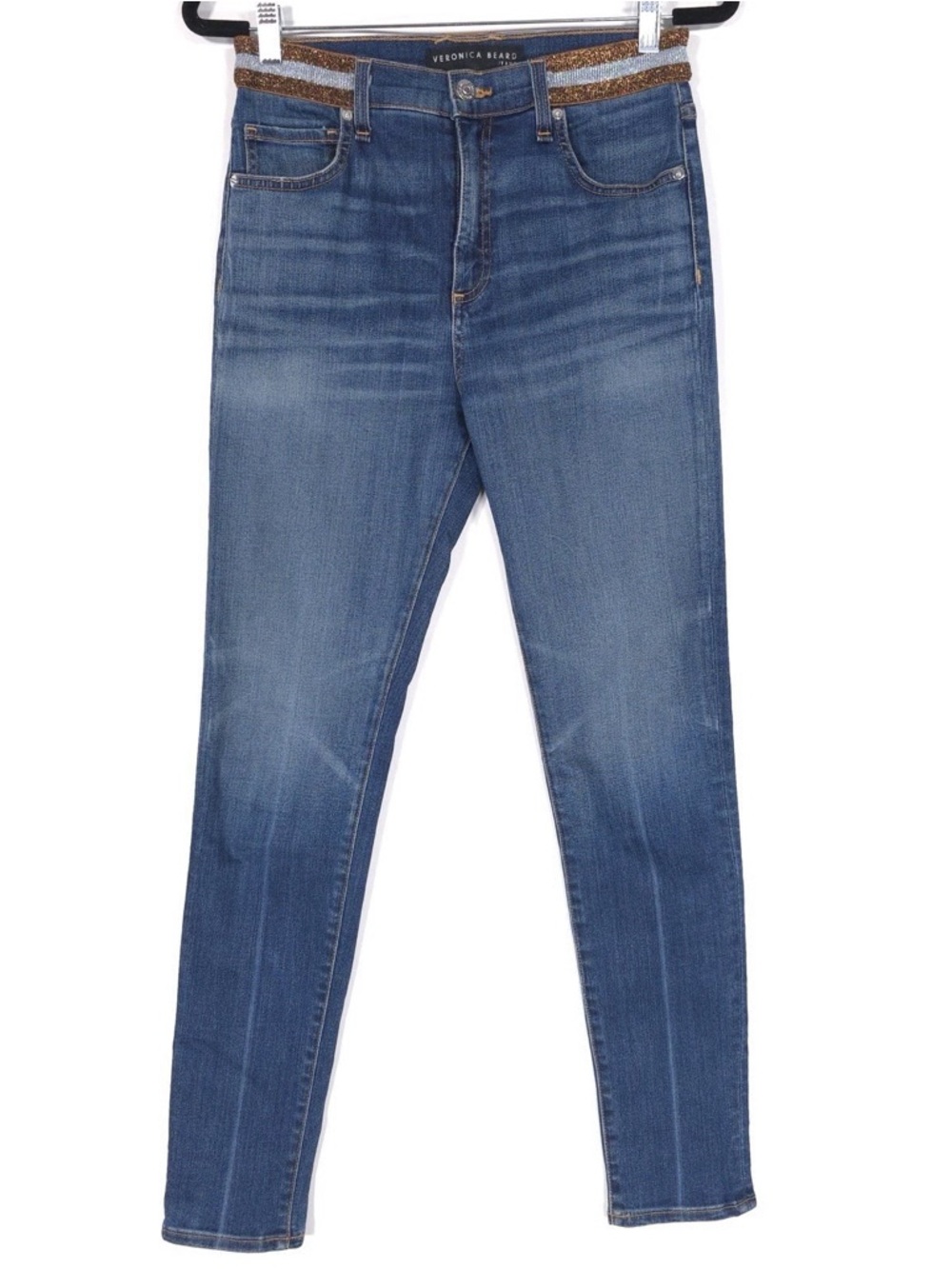 Veronica Beard Blue Skinny Jeans with Metallic Waist Trim